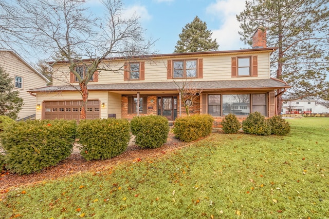 traditional-style home with brick siding, a garage, a chimney, and a front yard