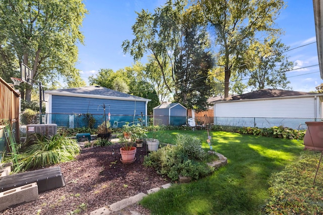 view of yard featuring cooling unit and a storage unit