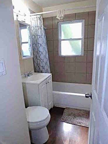 full bathroom with vanity, toilet, and shower / bath combination with curtain