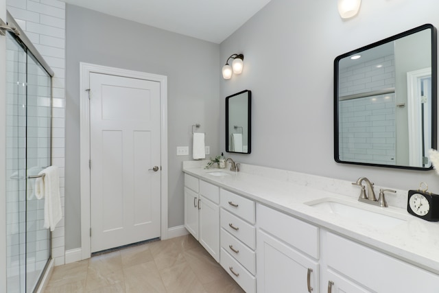 bathroom with walk in shower, tile patterned flooring, and vanity