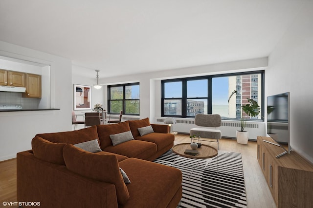 living room featuring radiator and light hardwood / wood-style floors