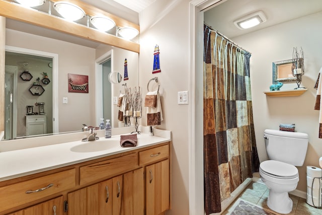 bathroom featuring tile patterned floors, a shower with curtain, vanity, and toilet