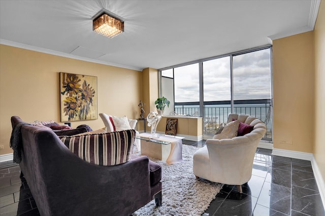 living room featuring expansive windows, a water view, and crown molding