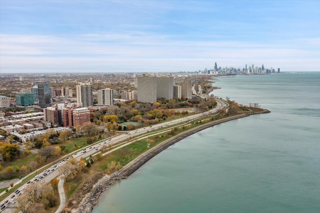 bird's eye view with a water view