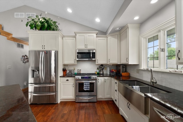 kitchen featuring tasteful backsplash, dark hardwood / wood-style floors, stainless steel appliances, and lofted ceiling