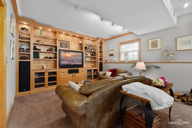 carpeted living room with a textured ceiling and ornamental molding