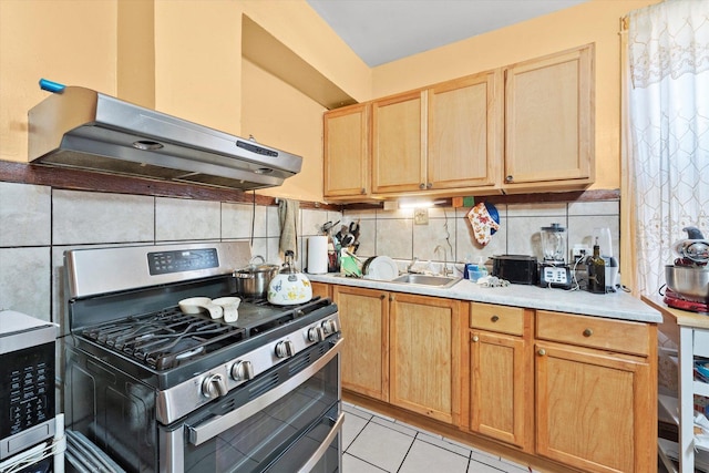 2425 W 46th Pl, Chicago, IL 60632 - kitchen featuring double oven range, range hood, light countertops, light brown cabinetry, and backsplash