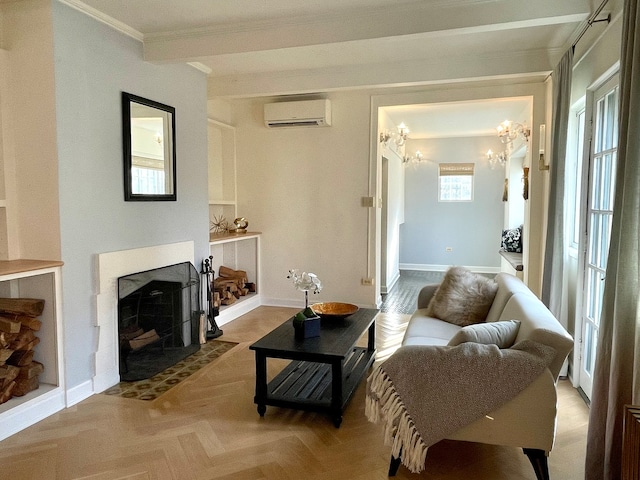 living room with a wall mounted air conditioner, parquet floors, crown molding, a chandelier, and a tiled fireplace