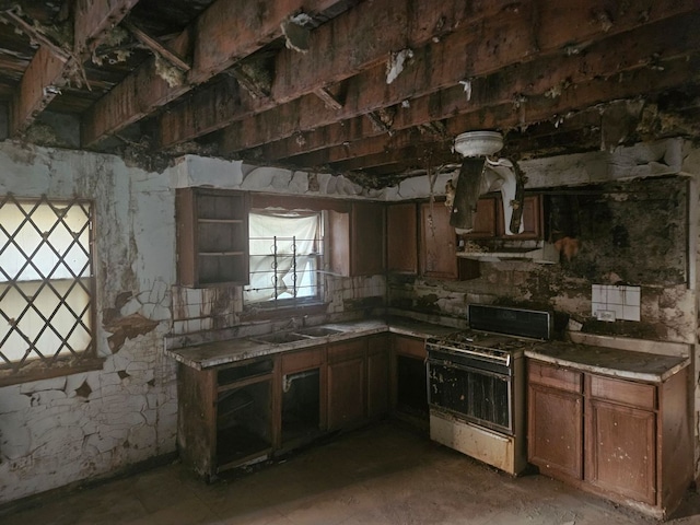 kitchen with a wealth of natural light, gas range oven, and sink