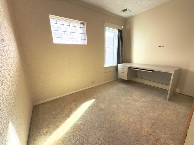 unfurnished bedroom featuring light colored carpet and a textured ceiling