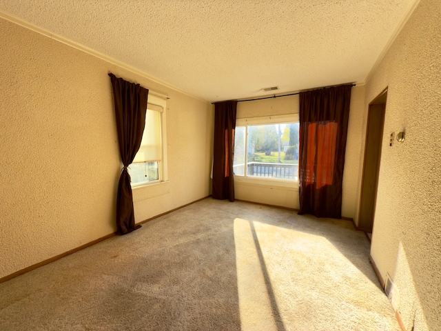 carpeted empty room with a textured ceiling