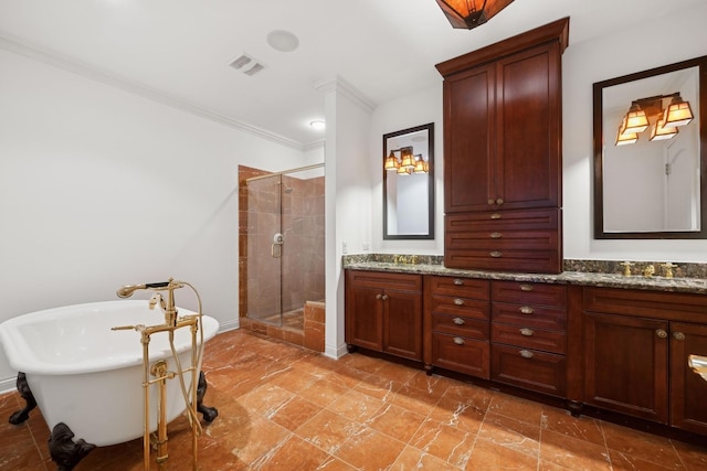 bathroom featuring vanity, crown molding, and separate shower and tub