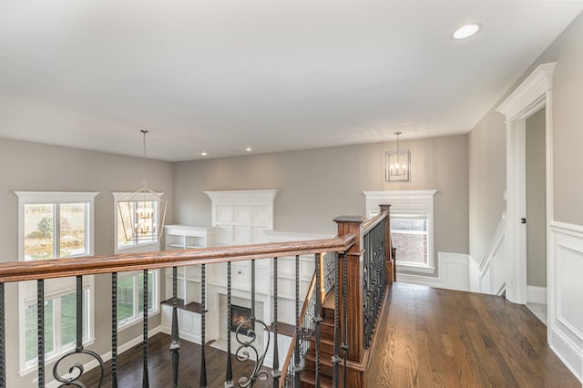 hallway featuring a wealth of natural light, dark hardwood / wood-style floors, and an inviting chandelier