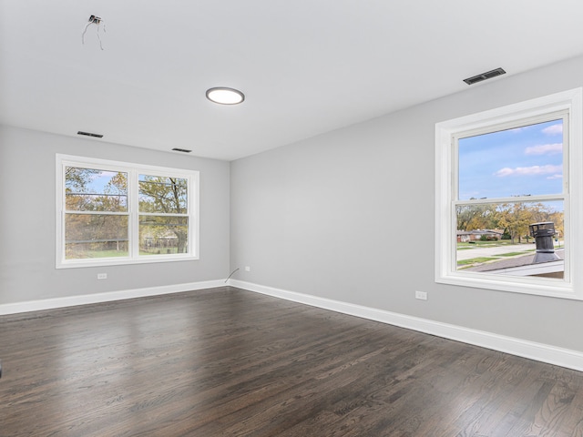 unfurnished room featuring dark wood-type flooring and a healthy amount of sunlight