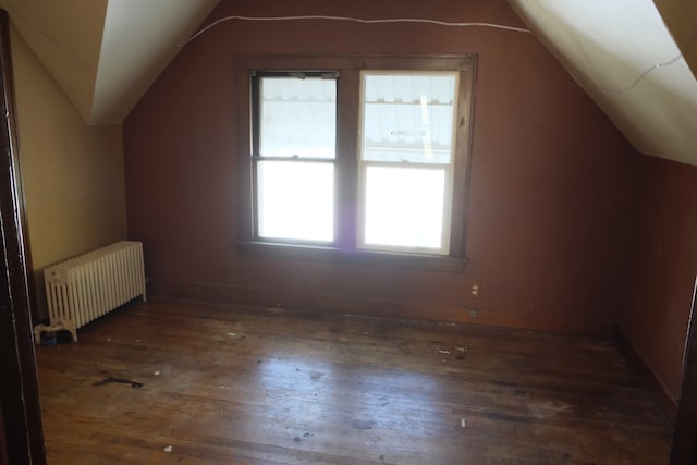 additional living space featuring lofted ceiling, dark hardwood / wood-style floors, and radiator