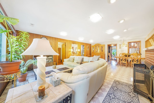 living room with wooden walls