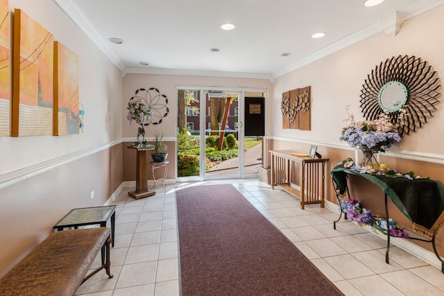 interior space featuring ornamental molding and light tile patterned floors