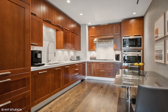 kitchen featuring stainless steel appliances, sink, dark hardwood / wood-style floors, ventilation hood, and backsplash