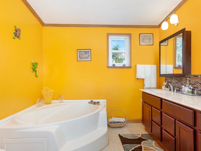 bathroom featuring tile patterned flooring, a washtub, decorative backsplash, vanity, and crown molding