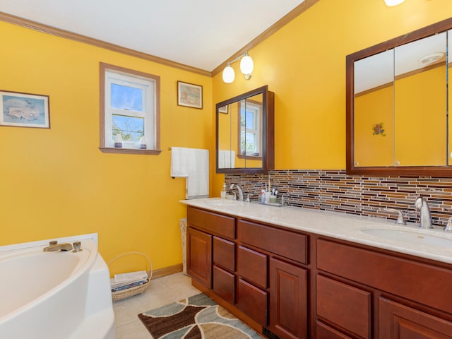 bathroom featuring a bathtub, tasteful backsplash, crown molding, vanity, and tile patterned flooring