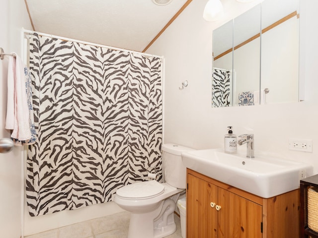 bathroom featuring ornamental molding, vanity, a shower with shower curtain, tile patterned flooring, and toilet