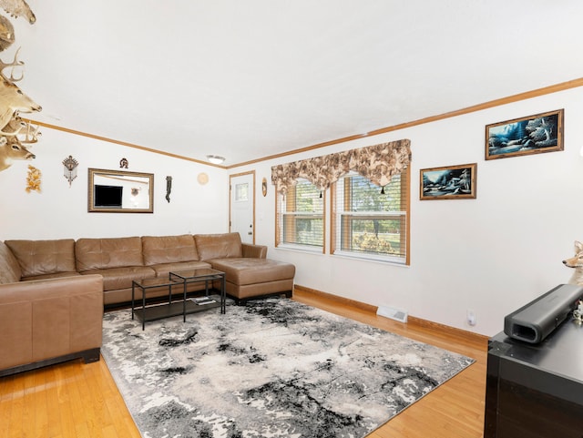 living room featuring wood-type flooring and crown molding