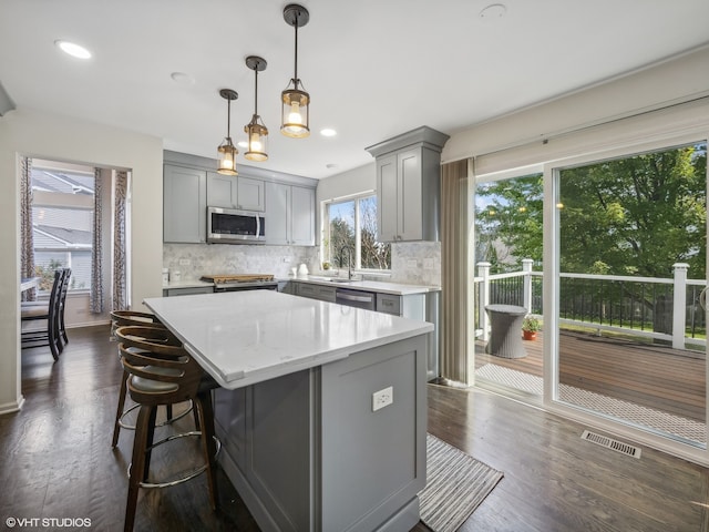 kitchen with gray cabinets, tasteful backsplash, dark hardwood / wood-style floors, and stainless steel appliances