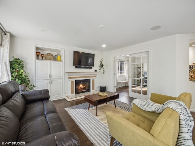 living room with dark wood-type flooring