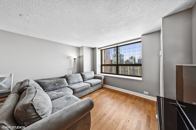 living room with a textured ceiling and light hardwood / wood-style flooring