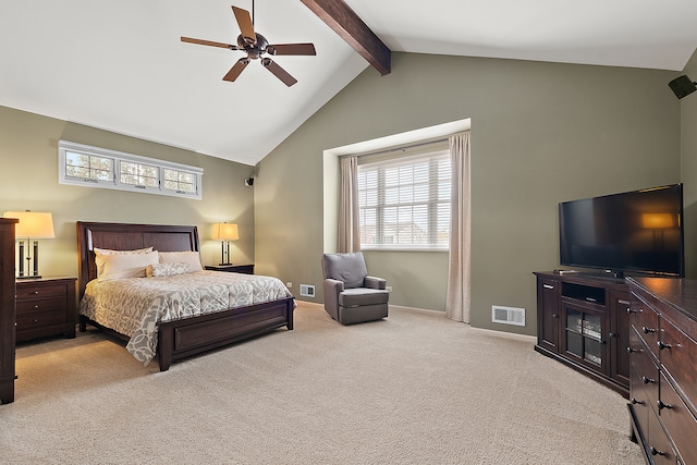 bedroom featuring beamed ceiling, ceiling fan, light carpet, and high vaulted ceiling