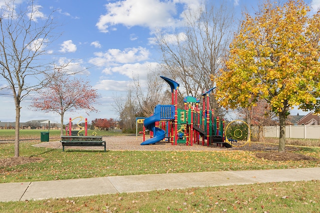 view of jungle gym featuring a yard