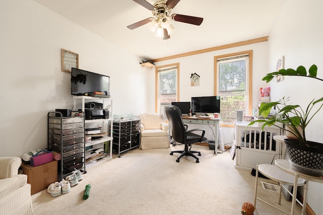 carpeted office featuring ceiling fan and crown molding