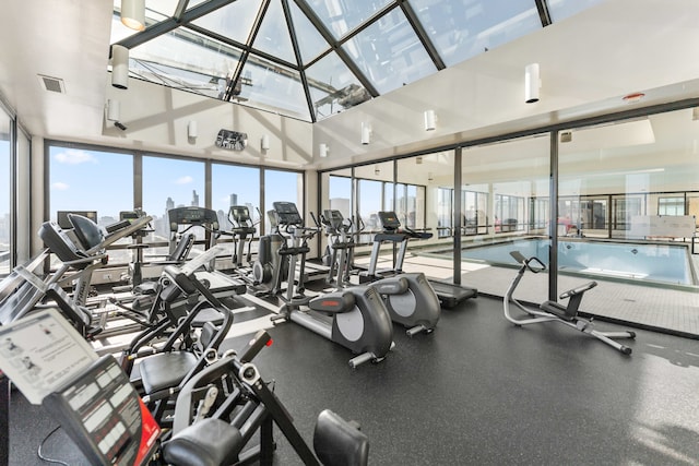 gym featuring a wealth of natural light and a towering ceiling