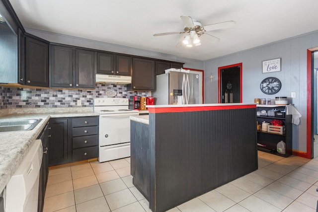 kitchen featuring ceiling fan, a center island, tasteful backsplash, white appliances, and light tile patterned floors