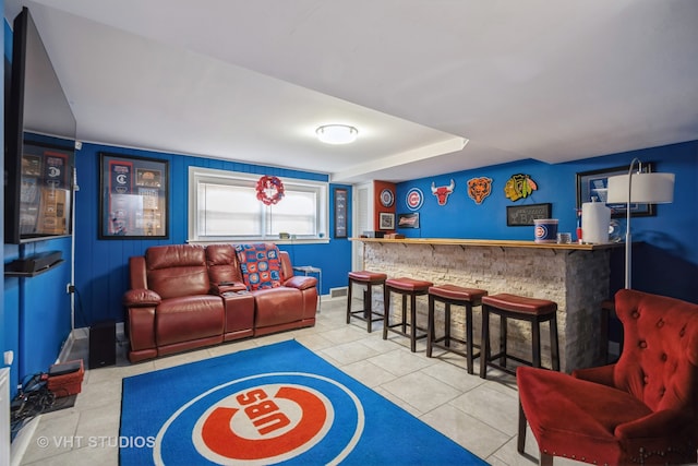 tiled living room with indoor bar