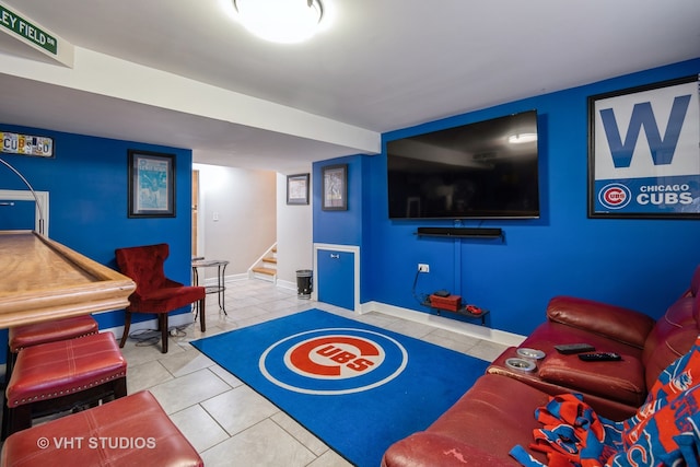 living room with light tile patterned flooring