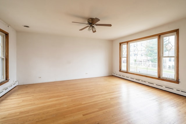 unfurnished room featuring light hardwood / wood-style flooring, ceiling fan, and a baseboard radiator