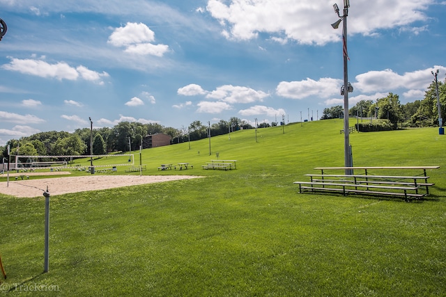 view of property's community with a yard and volleyball court