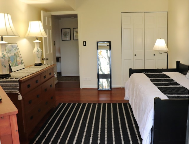 bedroom featuring dark wood-type flooring and a closet