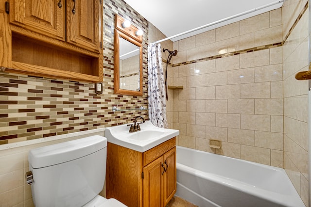 full bathroom featuring tasteful backsplash, tile walls, shower / bath combination with curtain, vanity, and toilet