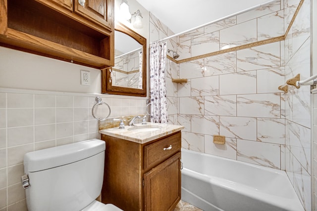 full bathroom featuring tile walls, vanity, toilet, and shower / tub combo with curtain