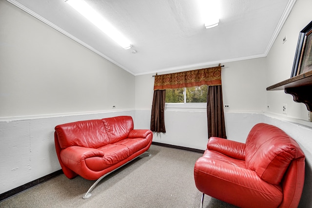 sitting room featuring crown molding, vaulted ceiling, and carpet floors