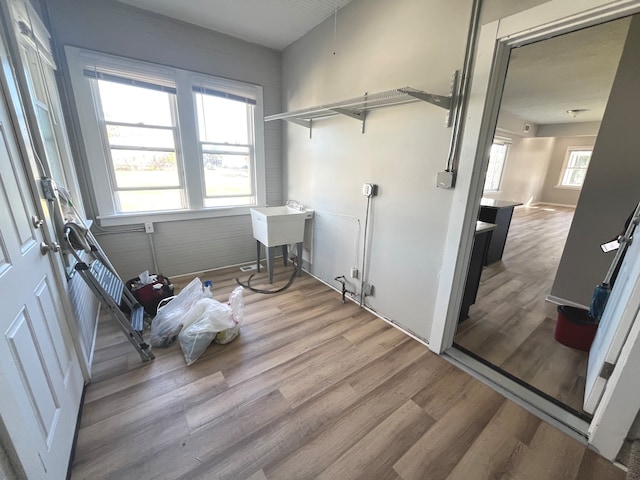 laundry area featuring light wood-type flooring and sink