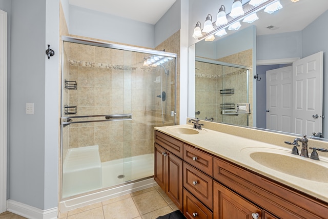 bathroom with vanity, tile patterned floors, and a shower with door