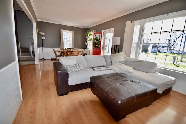 living room featuring light wood-type flooring and crown molding