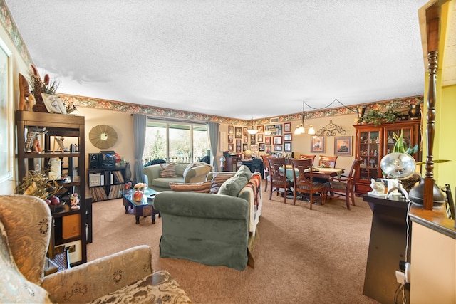 living room featuring a textured ceiling and light colored carpet