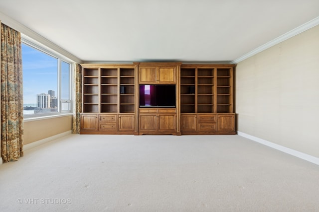 unfurnished living room with carpet floors and ornamental molding