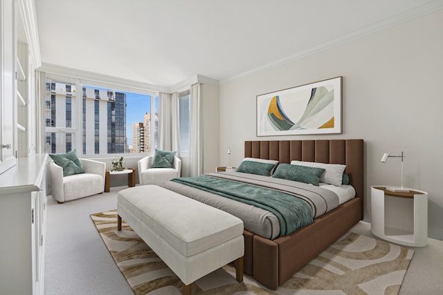 bedroom with crown molding and light colored carpet