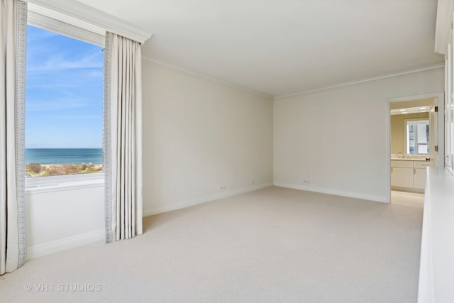 carpeted empty room with a water view, a wealth of natural light, and crown molding