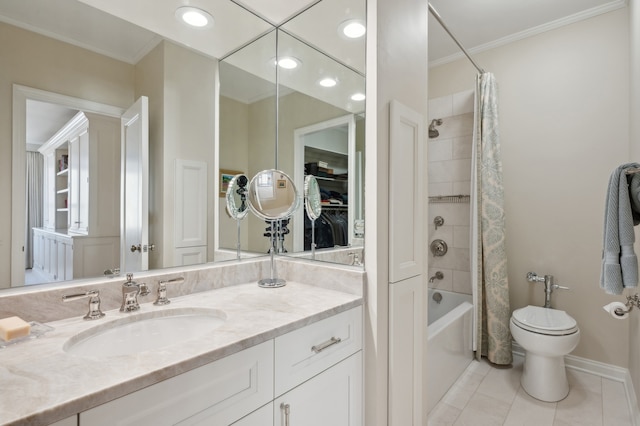 full bathroom with vanity, crown molding, tile patterned flooring, toilet, and shower / bathtub combination with curtain